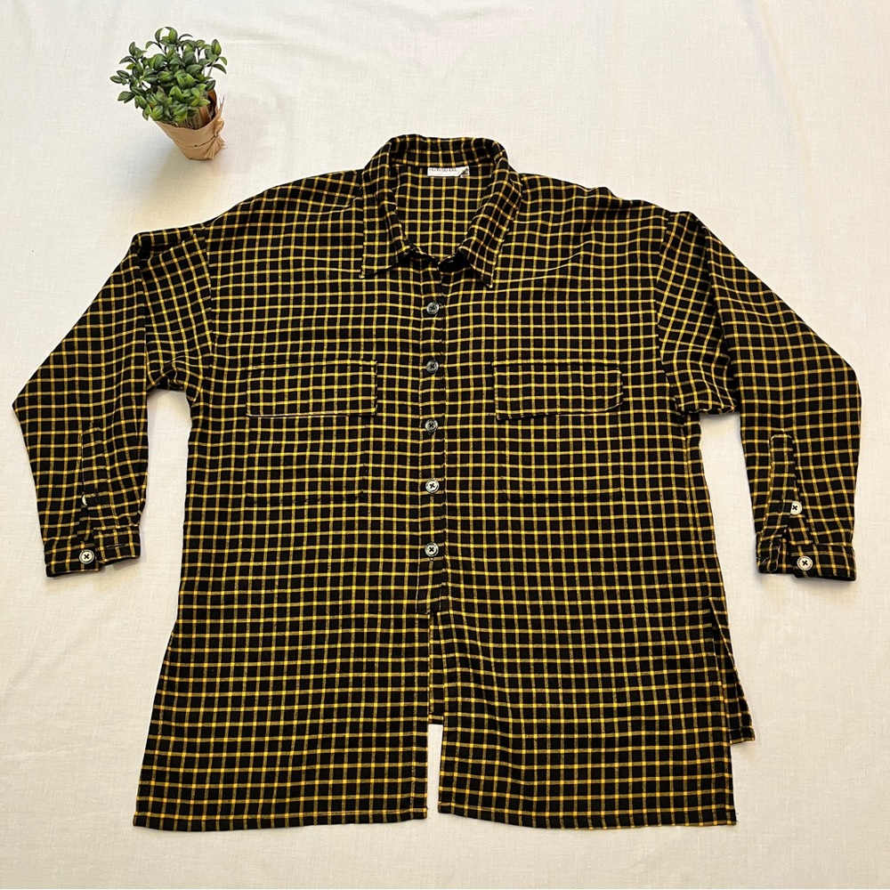 Vintage Henri Bendel Plaid Button-Up Shirt Black & Yellow Gold S - Picture 3 of 10